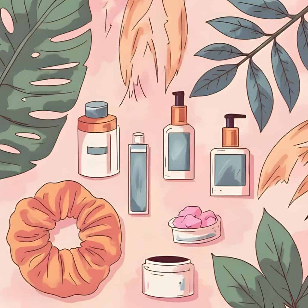 Flat lay illustration of budget-friendly curly hair products, including leave-in conditioner, styling creams, and a scrunchie, surrounded by tropical leaves.
