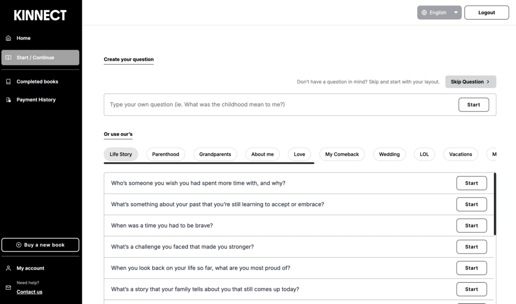 Screenshot of Kinnect web app showing family story prompts like “Who’s someone you wish you had spent more time with, and why?