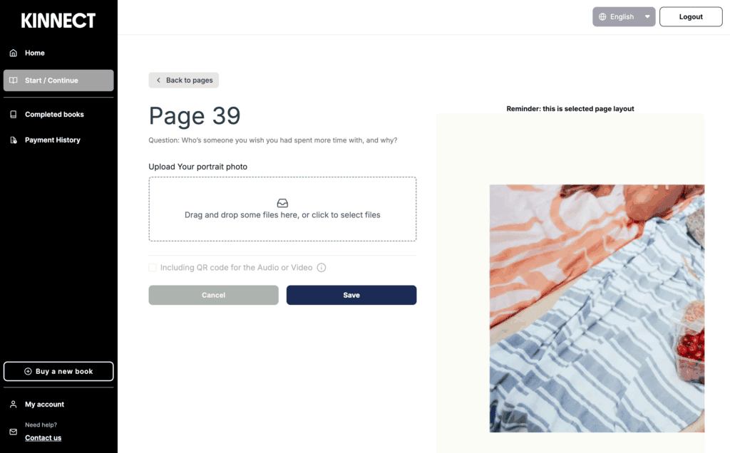 Kinnect Storybook web preview showing a customizable page with photo upload options and layout design.