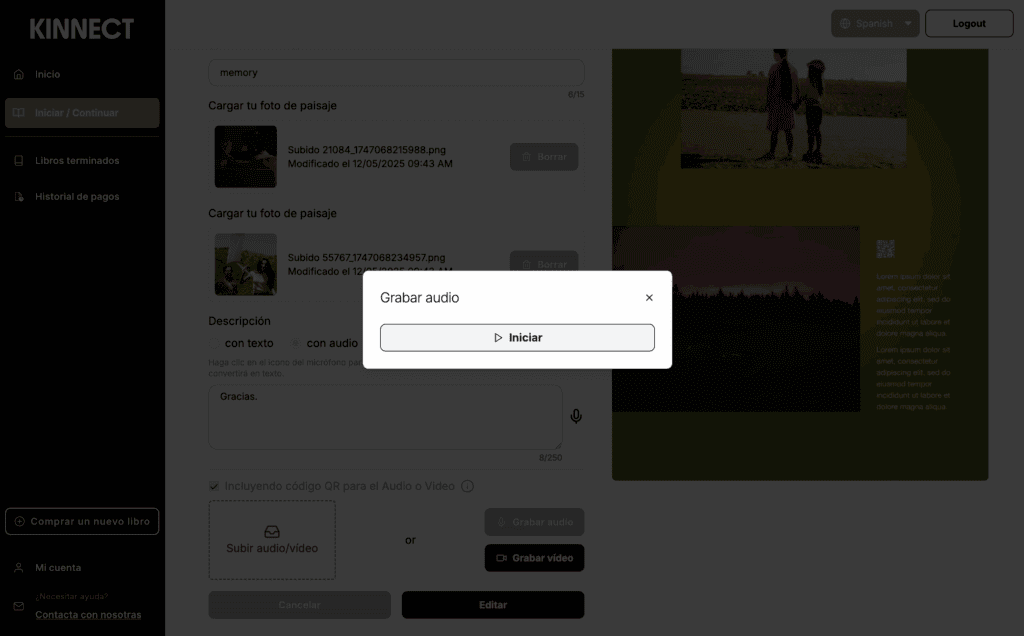 Screenshot of Kinnect app interface showing audio recording and memory upload features, including photos and prompts for storytelling.