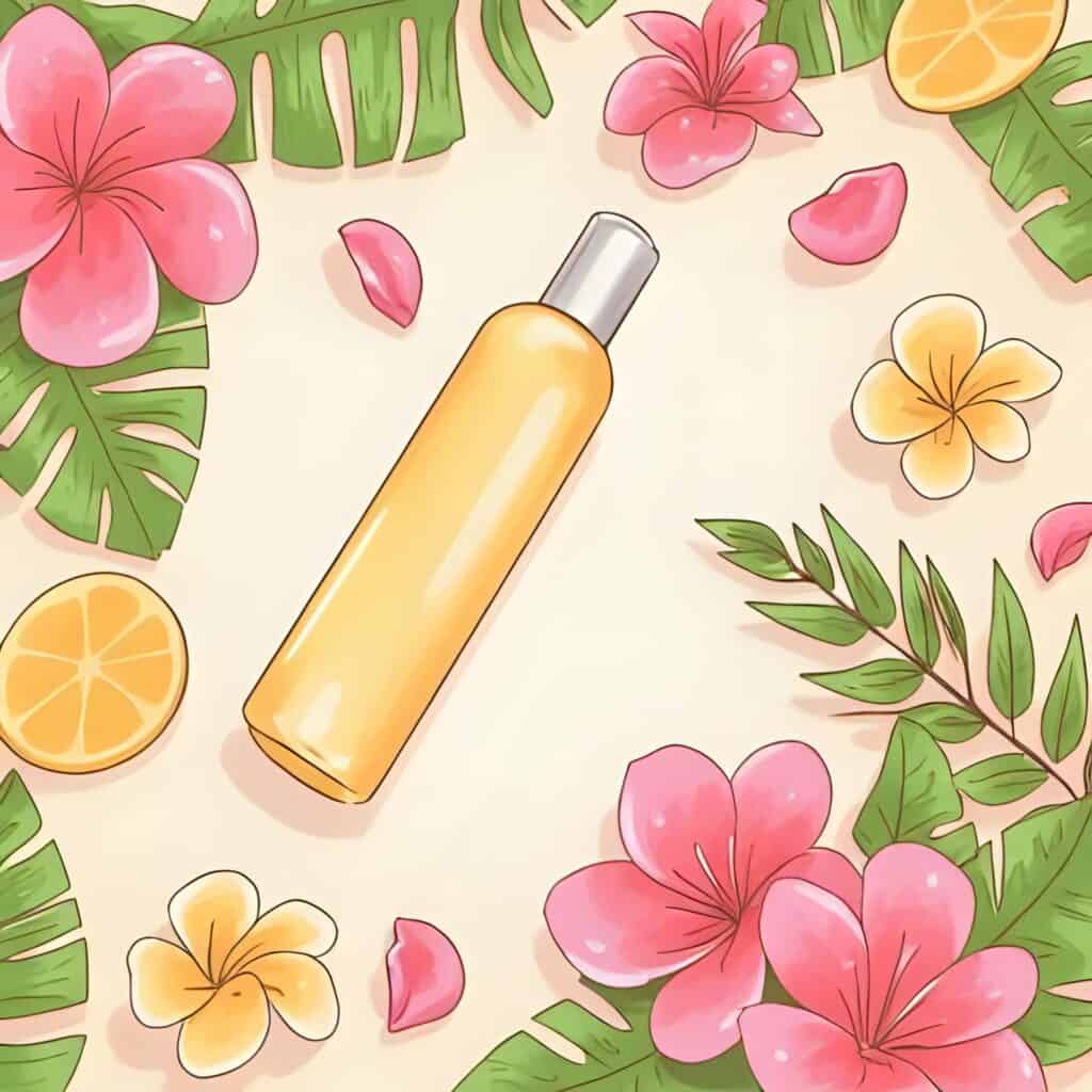 Illustrated flat lay of a shampoo bottle surrounded by tropical flowers, green leaves, and citrus slices on a soft beige background.