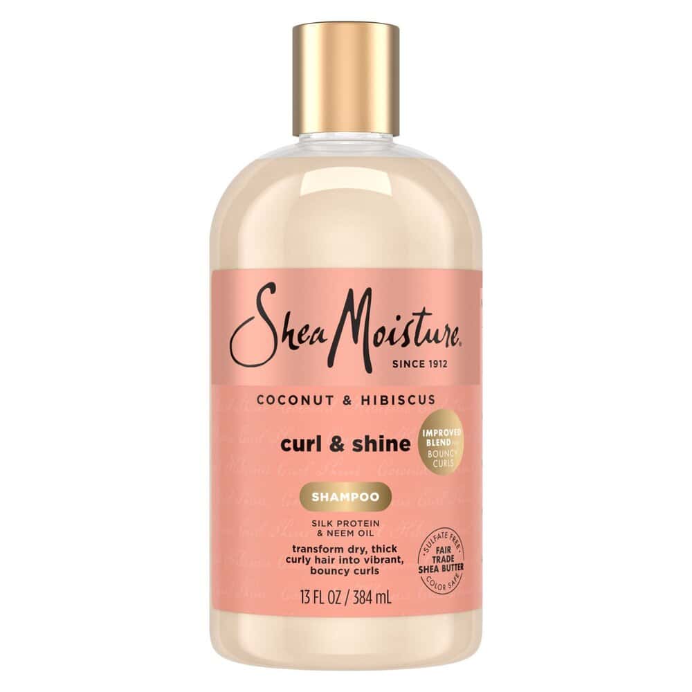 Bottle of SheaMoisture Coconut & Hibiscus Curl & Shine Shampoo for thick, curly hair