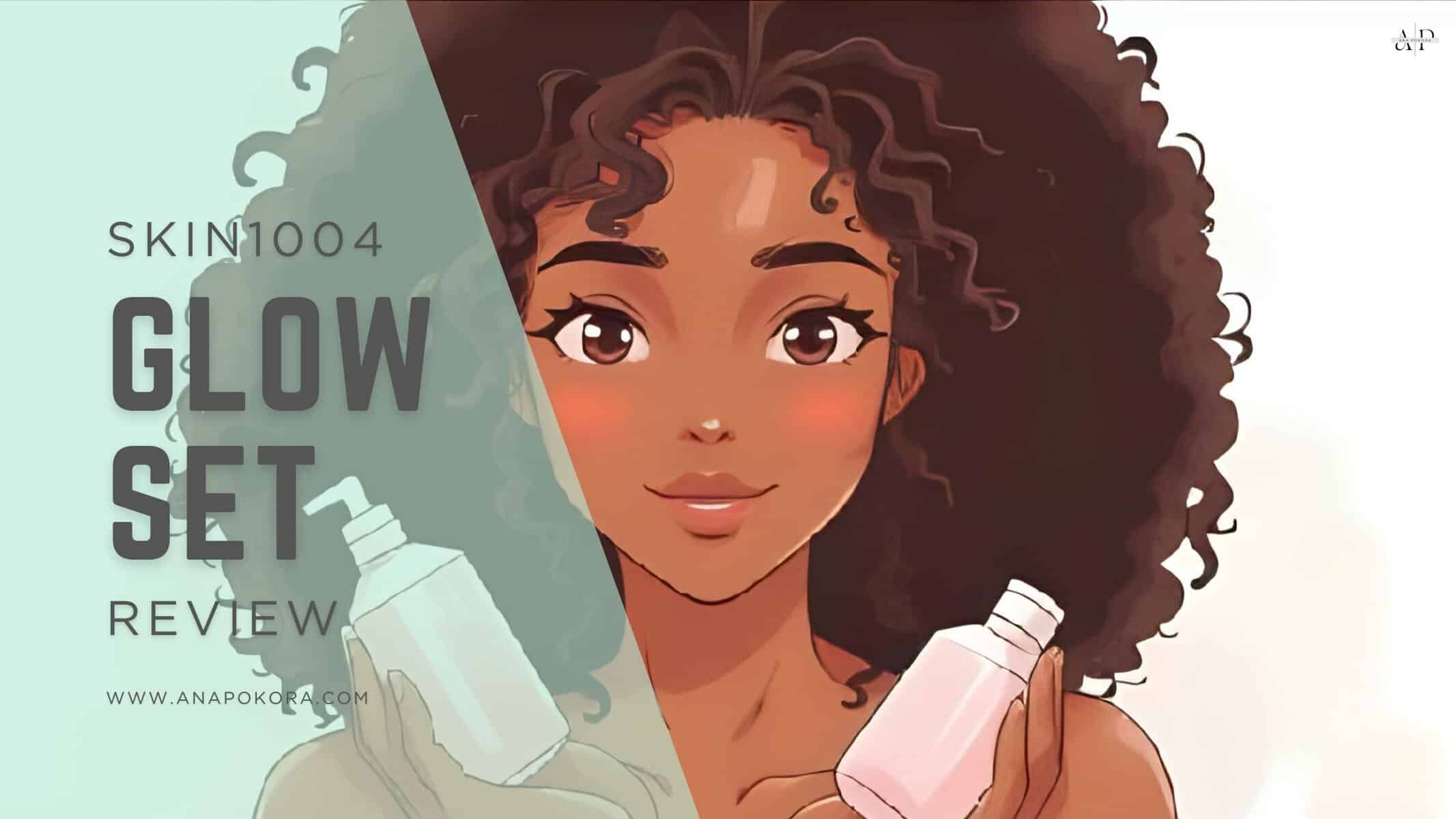 Illustration of a radiant brown-skinned woman with natural curly hair holding two skincare bottles, featured image for Skin1004 Glow Set review.