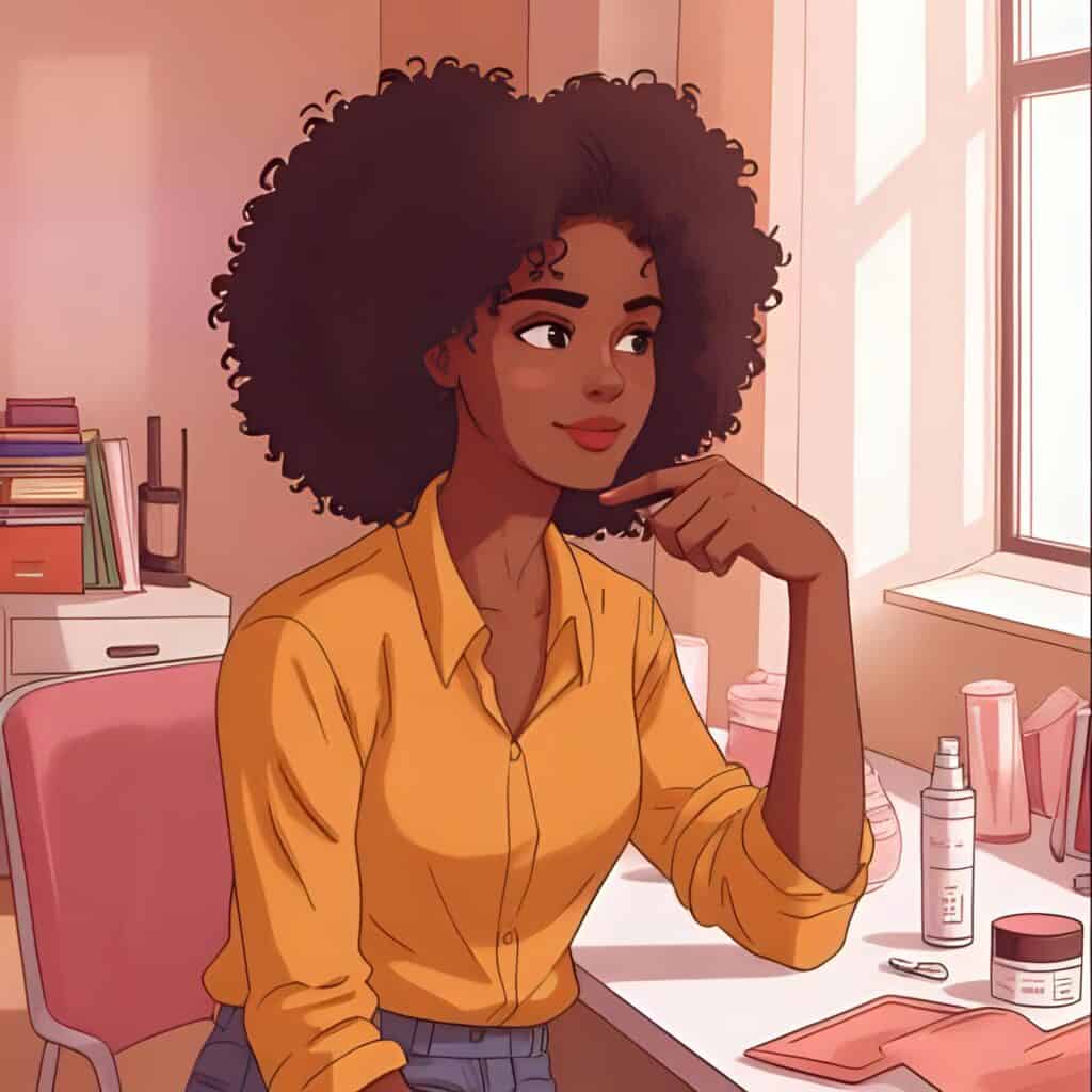 Illustration of a woman with natural curly hair sitting at a vanity with hair products, representing affordable curly hair care and styling.
