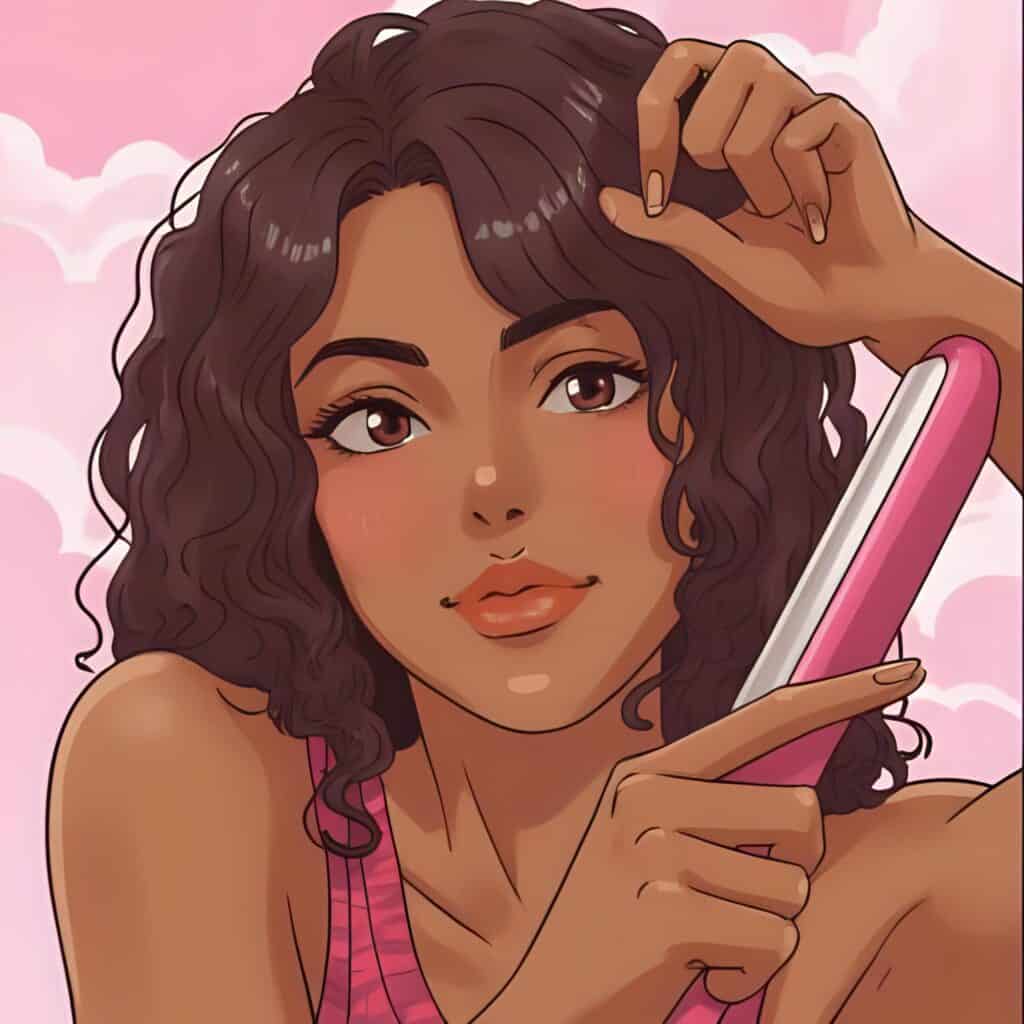 Young woman with curly hair holding a flat iron, preparing to straighten her hair against a pink background.