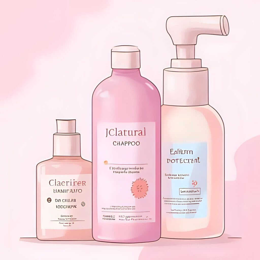 Flat lay of curly hair heat-styling essentials, including a clarifying shampoo, leave-in serum, and heat protectant spray on a soft pink background.