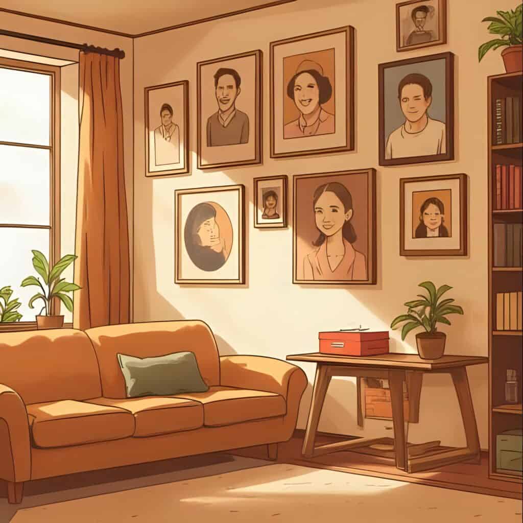 Illustrated living room with framed portraits of a Latino family across generations hanging on the wall, sunlight streaming through a window, cozy sofa, plants, and a table with a red keepsake box, symbolizing family history and storytelling.