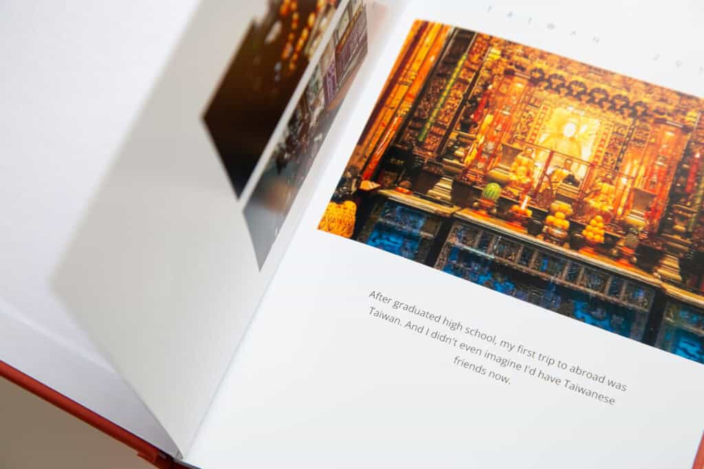 Open Kinnect memory book showing a full-color photo and a personal story printed beneath it.