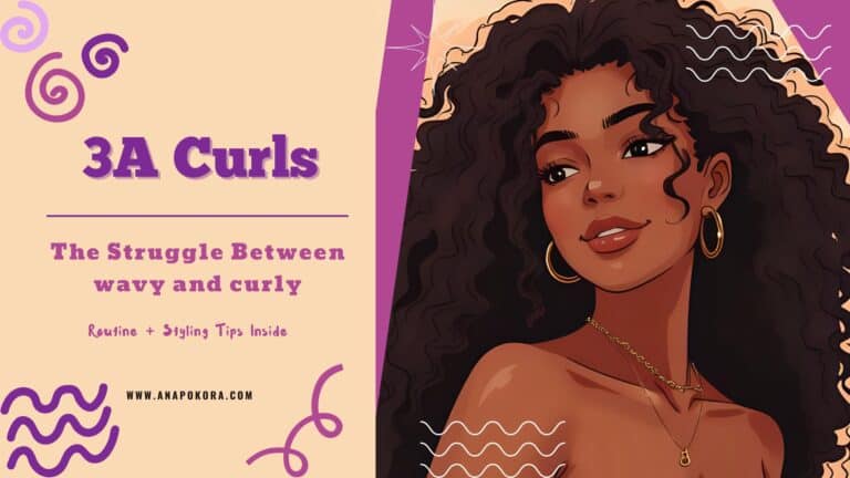 3A curls routine and styling guide graphic showing a woman with loose, defined curls wearing gold hoop earrings and layered necklaces. Text reads ‘3A Curls: The Struggle Between Wavy and Curly – Routine + Styling Tips Inside.