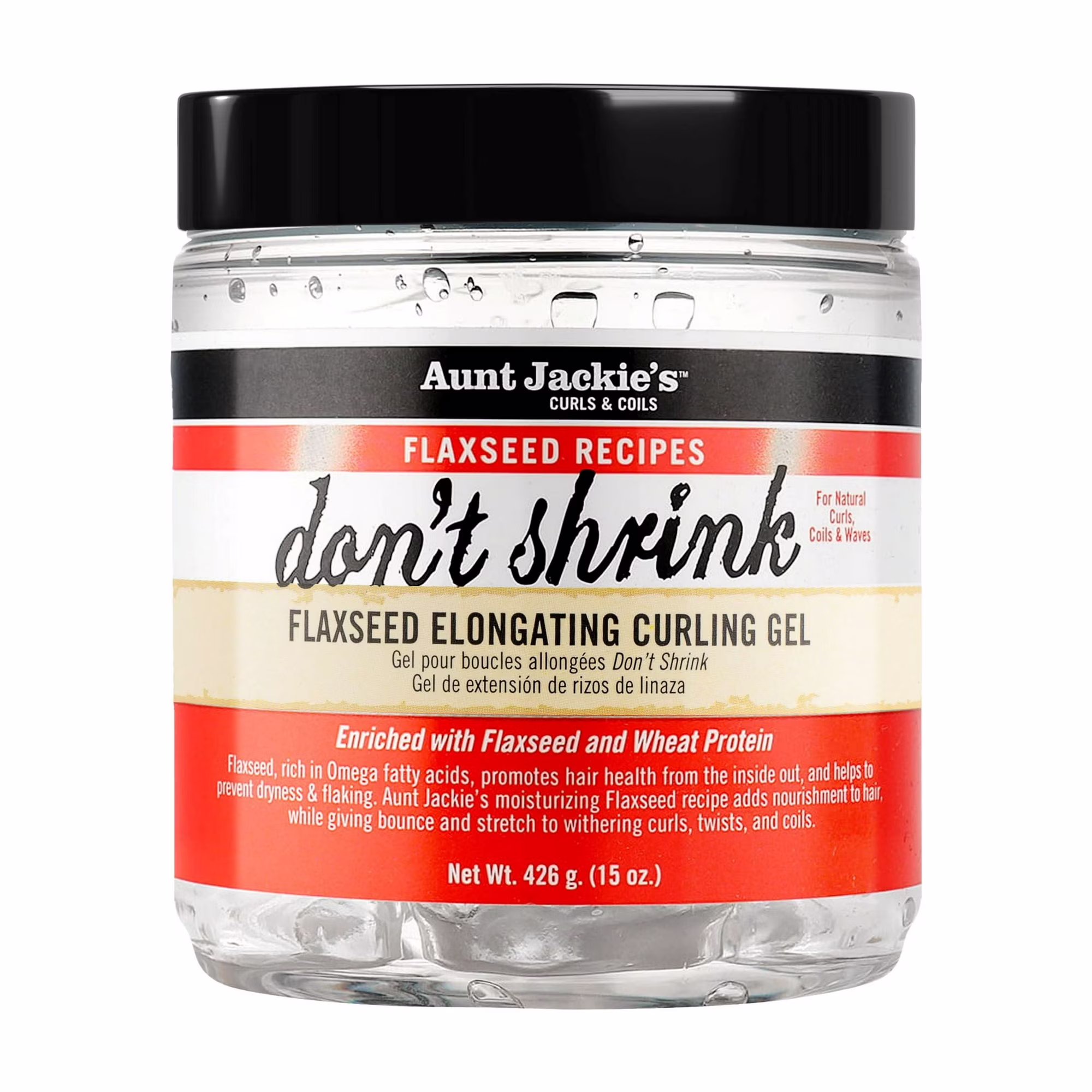 Tub of Aunt Jackie’s Flaxseed Elongating Curling Gel — curl-defining gel that stretches and smooths 4A hair without crunch.