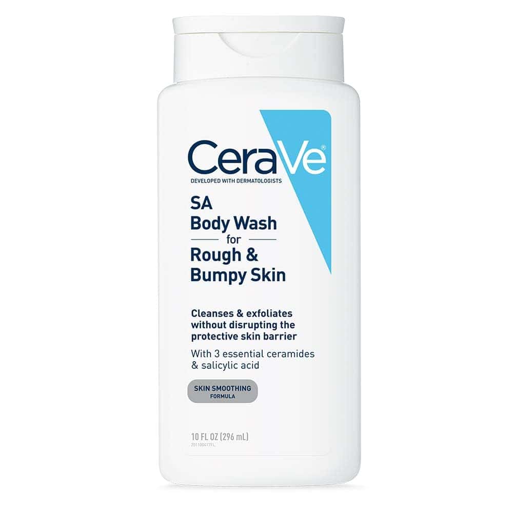 CeraVe Renewing SA Body Wash bottle with blue label on white background, gentle exfoliating body wash with salicylic acid, safe for treating back acne during pregnancy