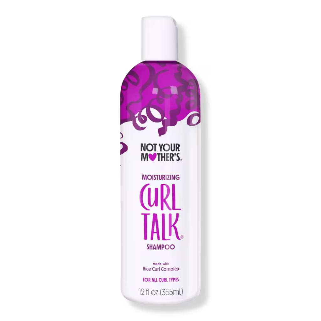 White and purple bottle of Not Your Mother’s Curl Talk Shampoo for wavy and curly hair.
