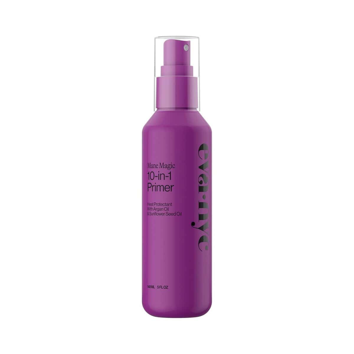 Eva NYC 10-in-1 Main Magic Primer spray bottle in metallic packaging with pink and purple gradient.