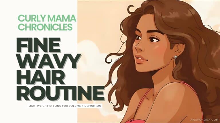Digital illustration of a brown-skinned Latina woman with fine, wavy brown hair looking to the right, styled with soft volume and shine. The image features the text ‘Curly Mama Chronicles: Fine Wavy Hair Routine – Lightweight Styling for Volume + Definition.'