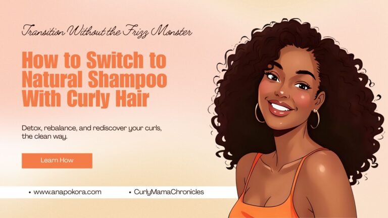 A smiling woman with voluminous curly hair wearing an orange top against a soft peach background. Text on the image reads “How to Switch to Natural Shampoo With Curly Hair, Transition Without the Frizz Monster.”