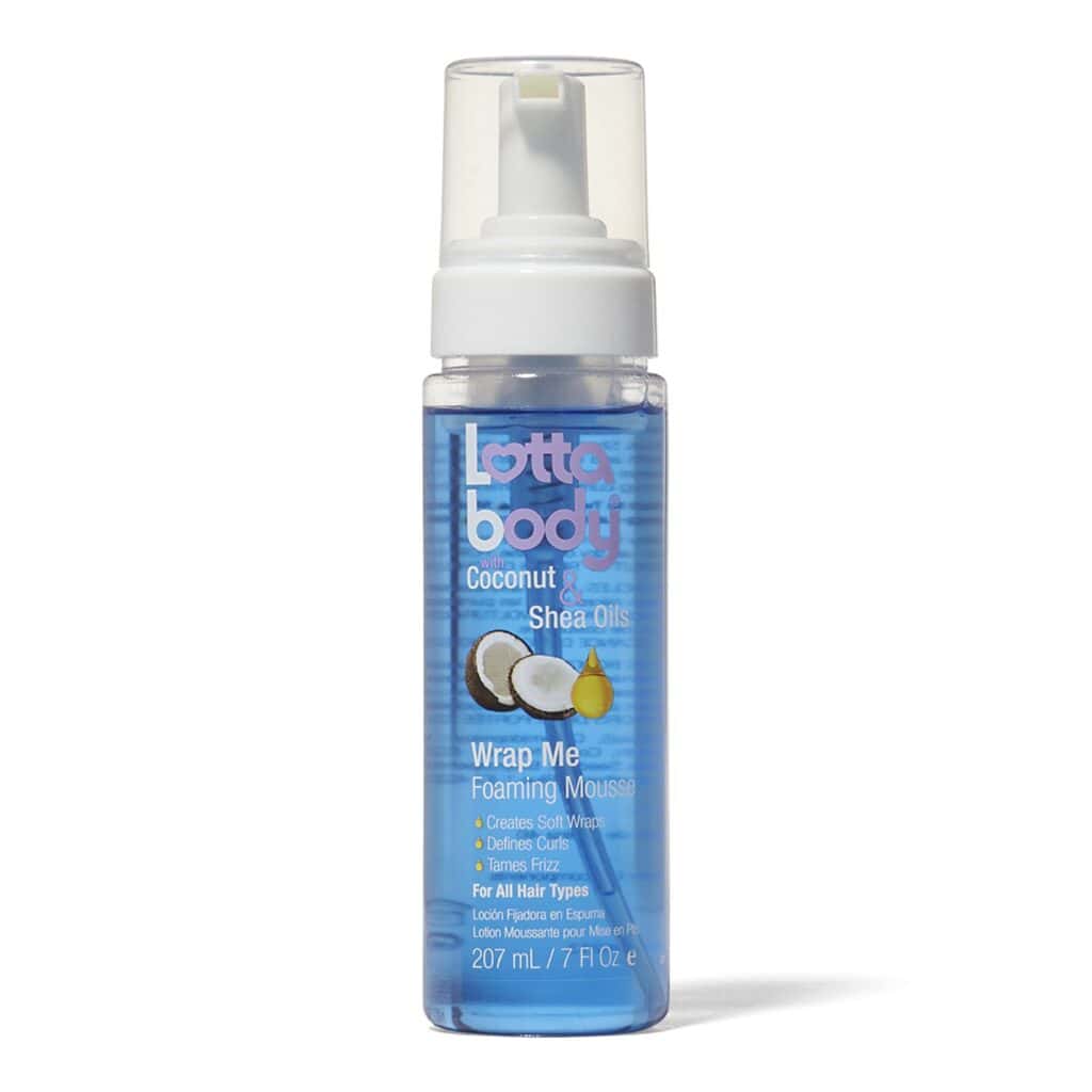 Alt text: Lottabody Wrap Me Foaming Mousse – lightweight mousse that boosts volume and defines 3A curls with soft, bouncy hold.