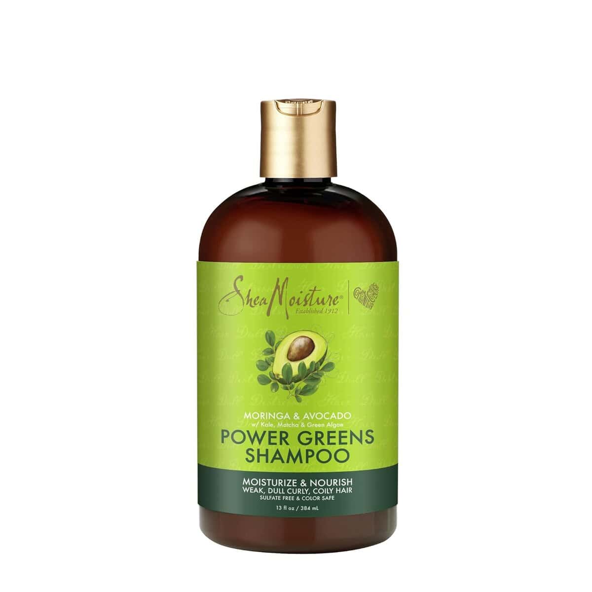 SheaMoisture Moringa & Avocado Power Greens Shampoo bottle – rich moisturizing shampoo with moringa, kale, and avocado extracts for curly hair.