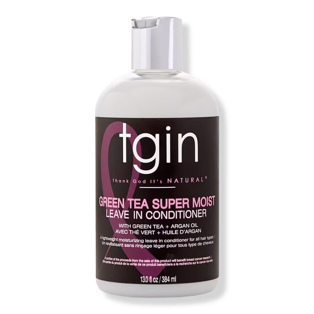 Alt text: TGIN Green Tea Super Moist Leave-In Conditioner – lightweight hydration and slip for soft, defined 3A curls without buildup.