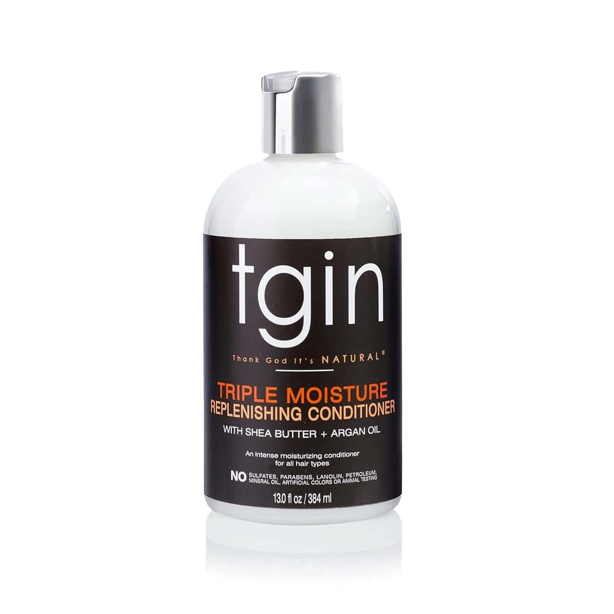 White bottle of TGIN Triple Moisture Replenishing Conditioner with black label and orange text.