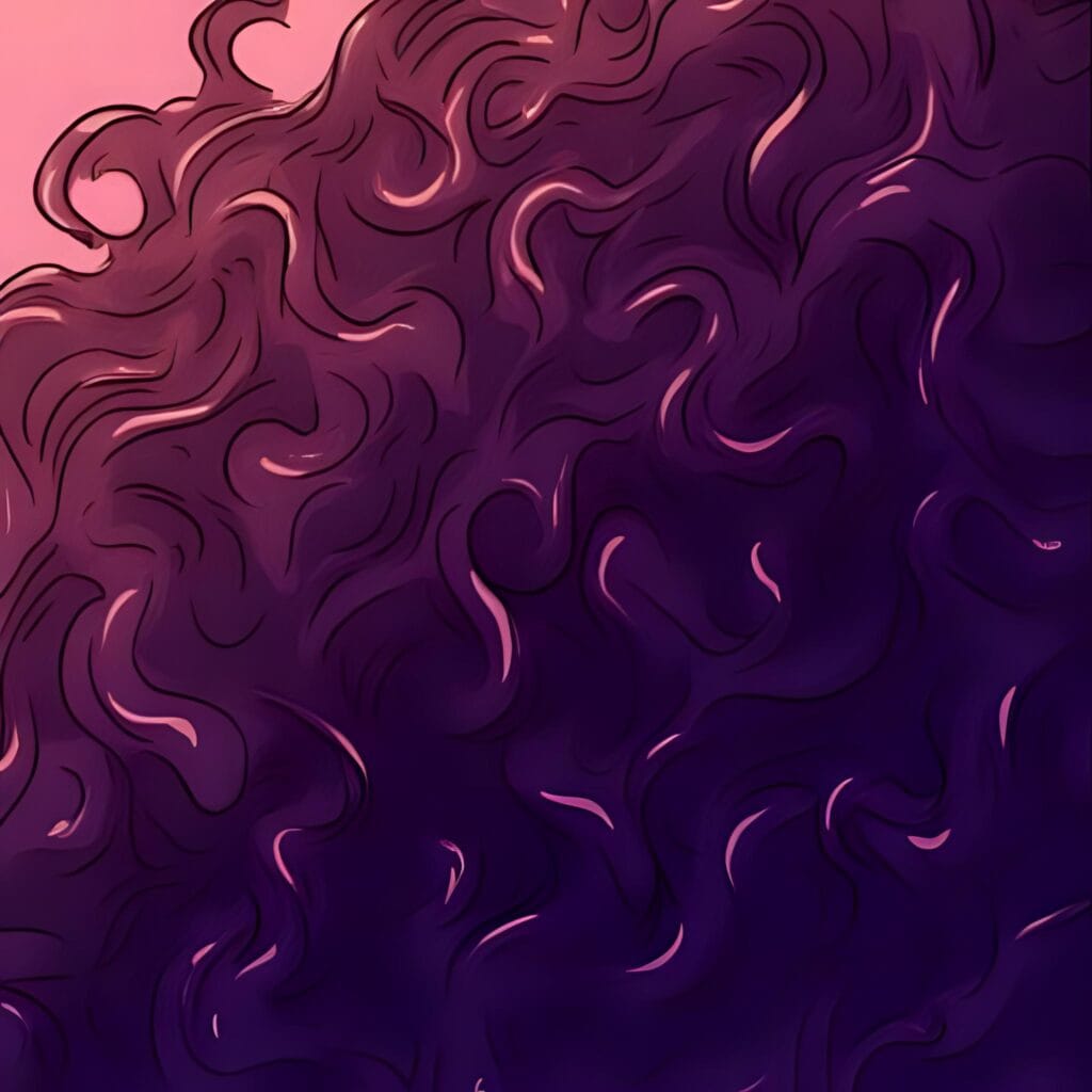 Close-up illustration of purple-toned curly hair strands with soft shine and defined texture.