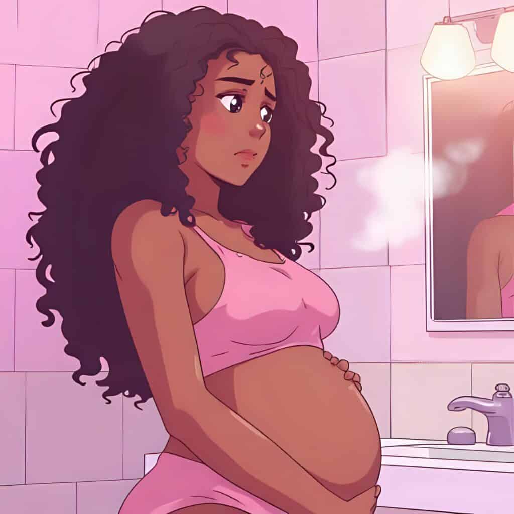 Anime-style pregnant woman with long curly hair looking at her reflection in the bathroom mirror, symbolizing back acne concerns during pregnancy.