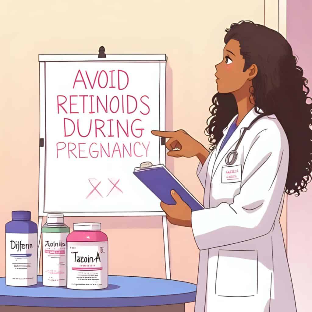 Anime-style dermatologist scientist pointing to a whiteboard that says ‘Avoid Retinoids During Pregnancy,’ with skincare bottles labeled Differin, Tazorac, and Retin-A marked with red Xs.