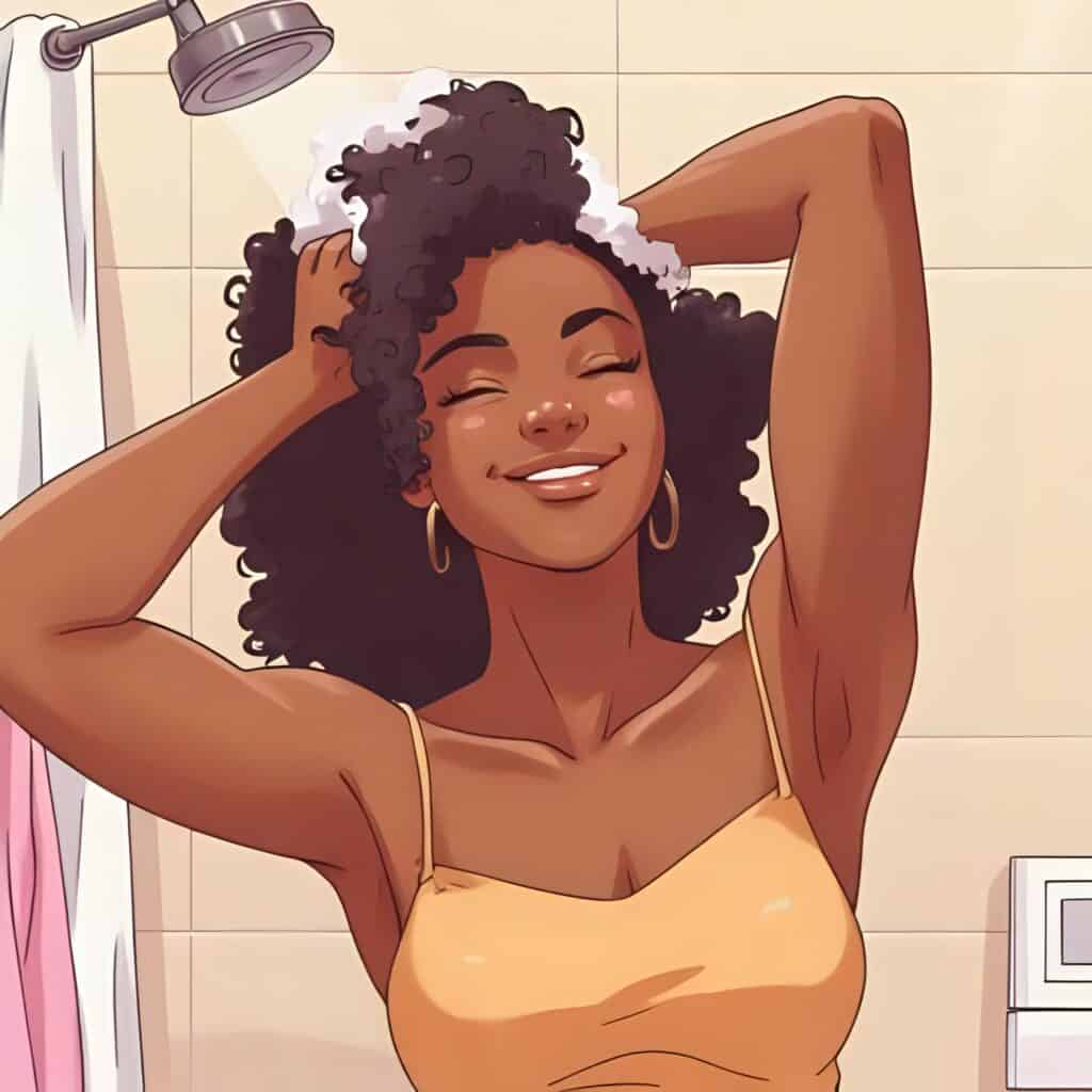 Smiling woman with brown skin and curly hair massaging shampoo into her scalp in a warm, softly lit bathroom.