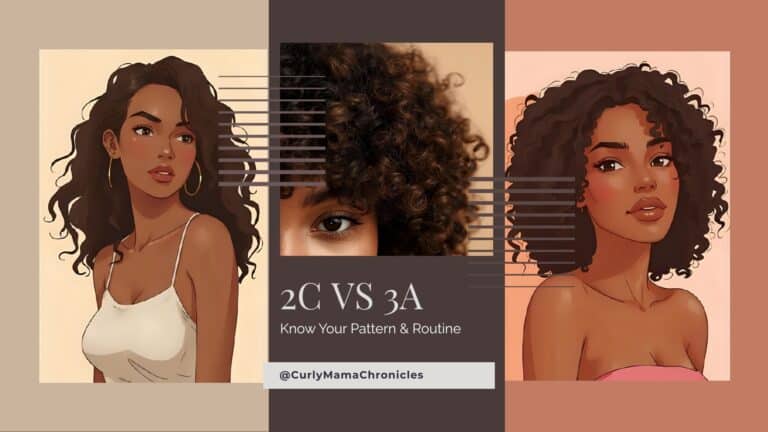Illustrated comparison of 2C and 3A curly hair types, featuring two women with brown skin and different curl patterns, showcasing wavy and curly textures side by side.