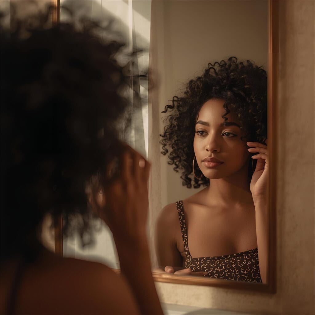 Brown-skinned woman with curly hair looking at herself in the mirror under warm light, gently touching her curls.