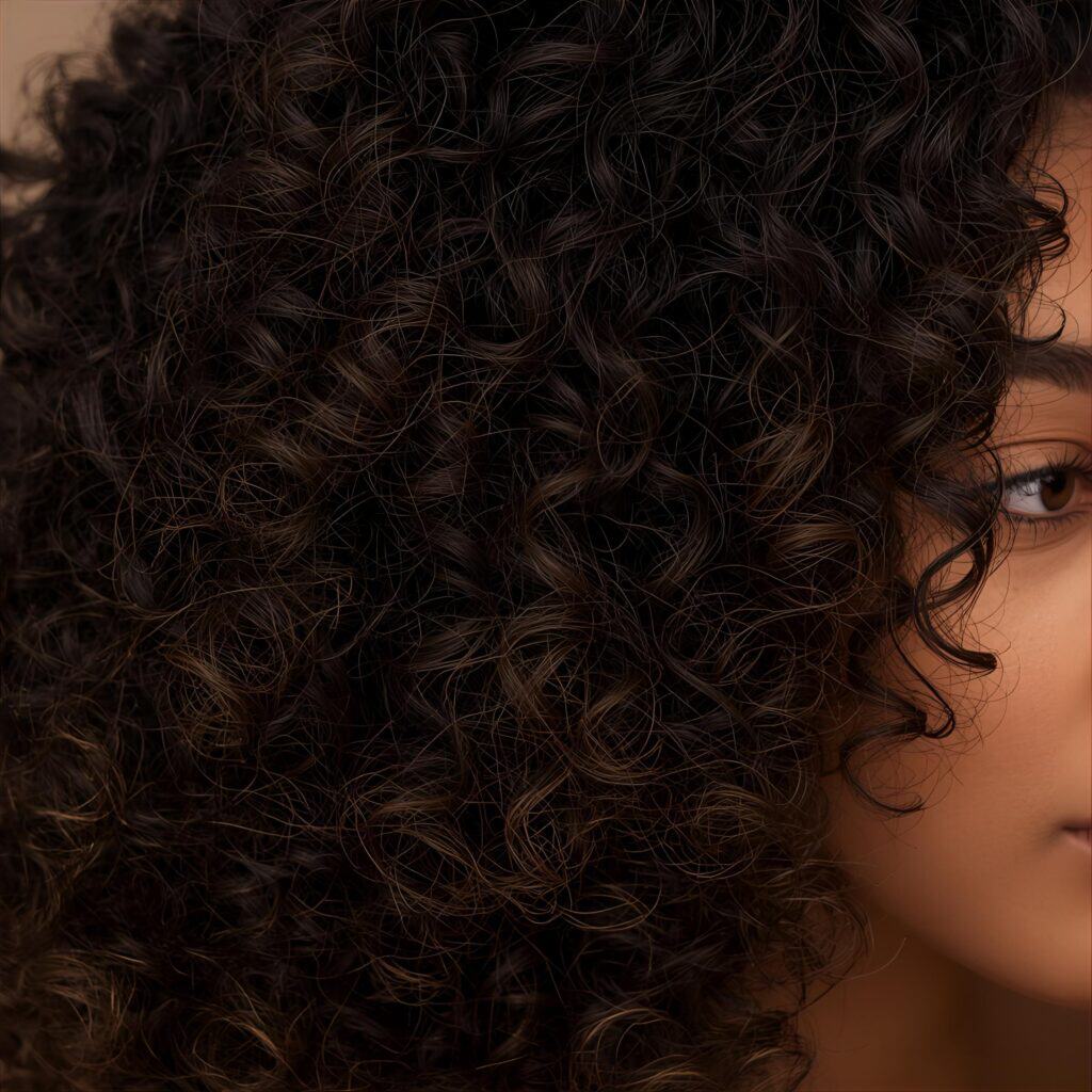 Close-up of natural brown curls showing a mix of wavy and spiral strands with soft highlights.
