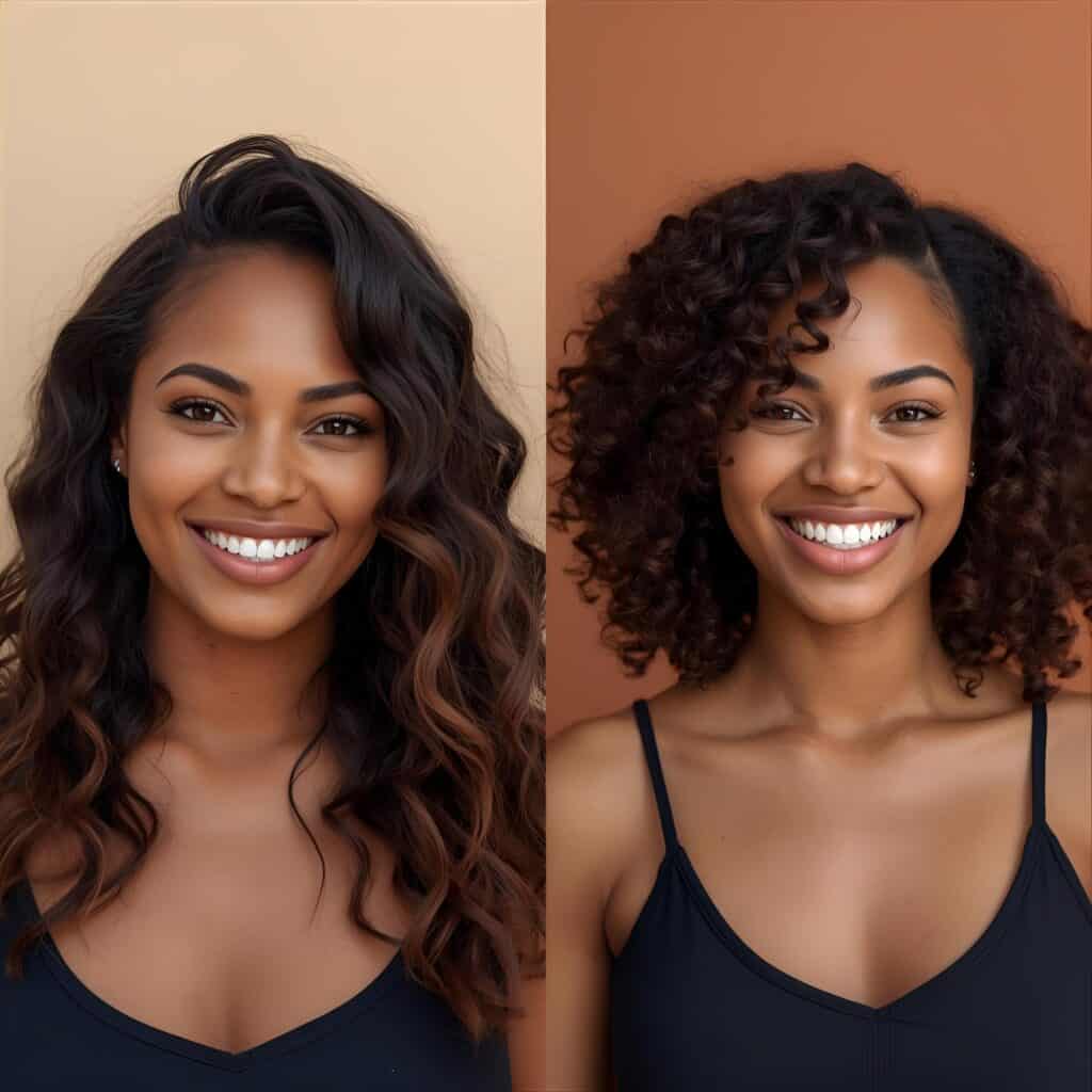 Side-by-side image of two women with different curl types — one with loose 2C waves and the other with tighter 3A curls.