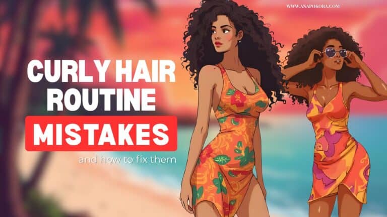 Two women with curly hair standing on a tropical beach at sunset, wearing colorful summer dresses, next to bold text that reads “Curly Hair Routine Mistakes and How to Fix Them.”