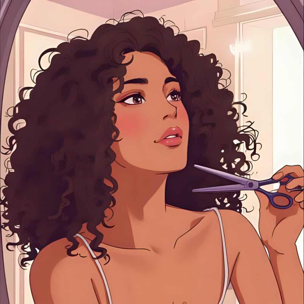 Woman with curly hair using professional hair shears to trim split ends in front of a mirror.