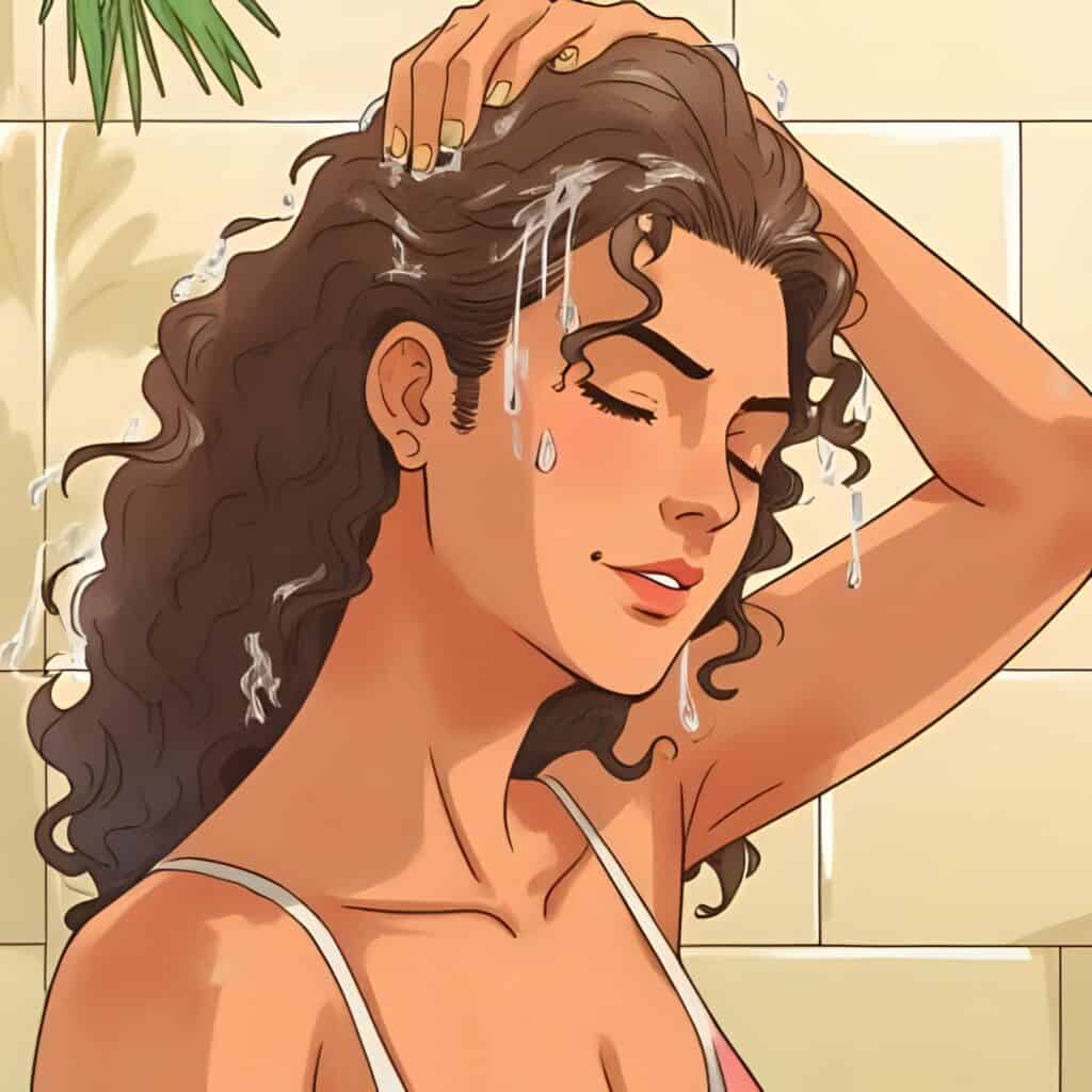Woman with curly hair washing her hair with gentle shampoo in a tropical bathroom setting.