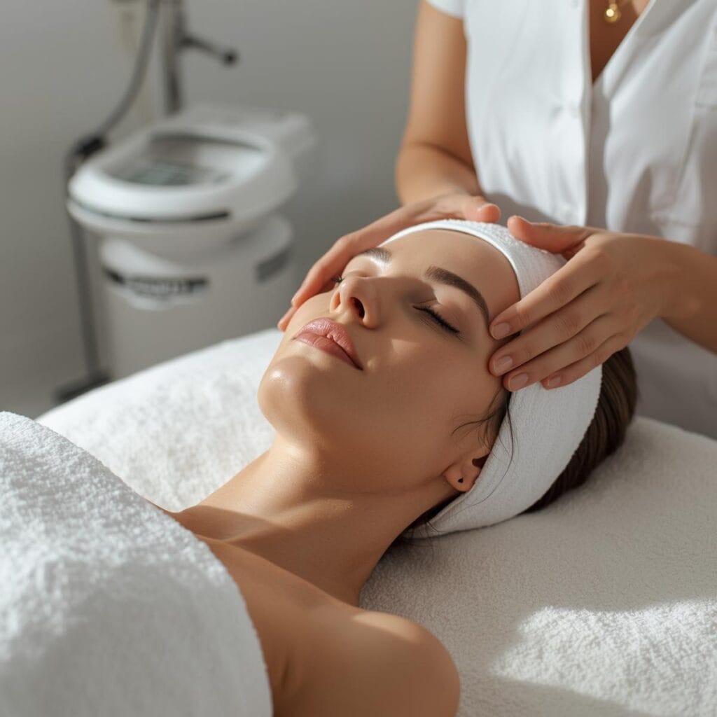 Woman receiving a professional facial treatment in a modern spa, lying on a treatment bed with a white towel and headband, symbolizing the relaxation and hydration benefits of HydraFacial care.