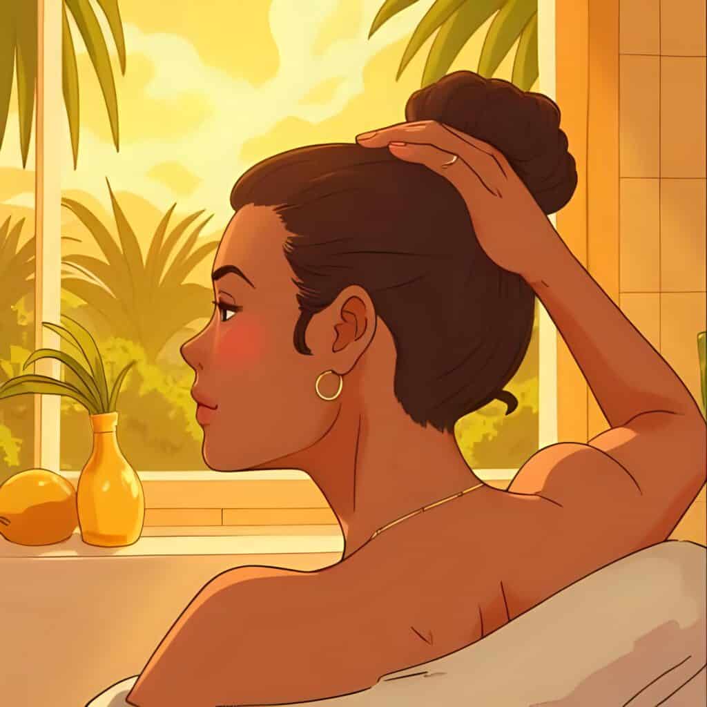 Woman massaging her scalp with oil in a calm tropical bathroom with golden light.