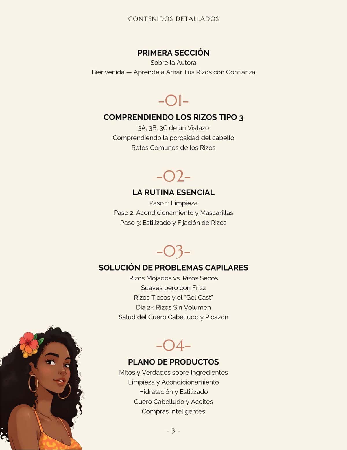 Página interior del ebook Rizos Seguros y Conscientes con rutinas y consejos para rizos tipo 3.