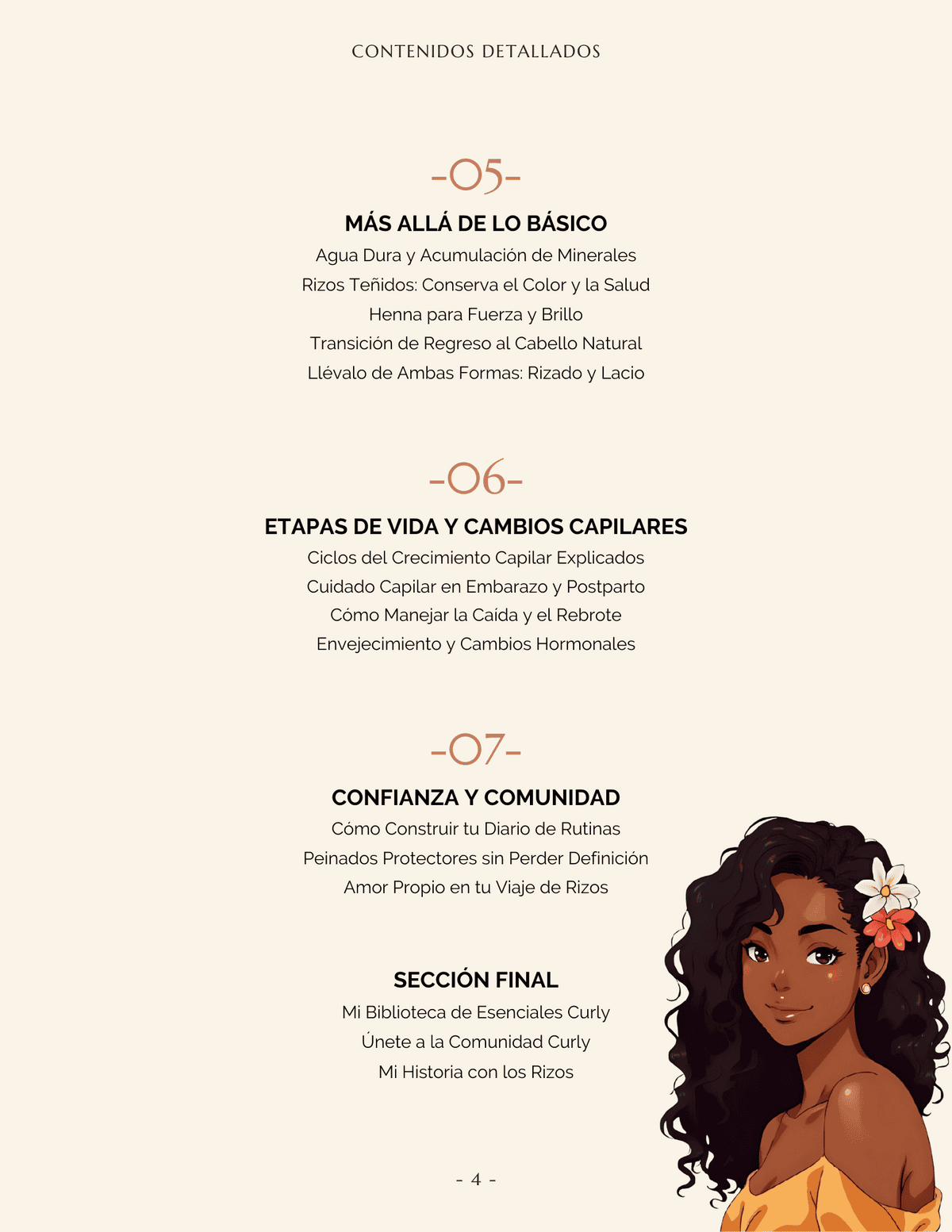 Página interior con secciones de cuidado e hidratación del ebook Rizos Seguros y Conscientes.