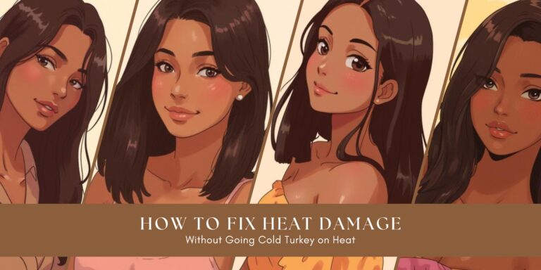 Anime-style collage of four women with varying levels of straightened hair texture illustrating heat damage recovery, with the title “How to Fix Heat Damage Without Going Cold Turkey on Heat.”