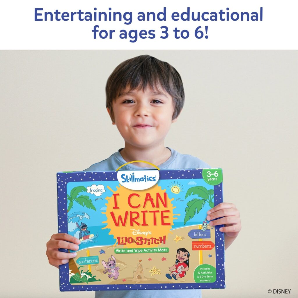Child holding Skillmatics I Can Write activity kit for ages 3–6, a screen-free educational activity for kids