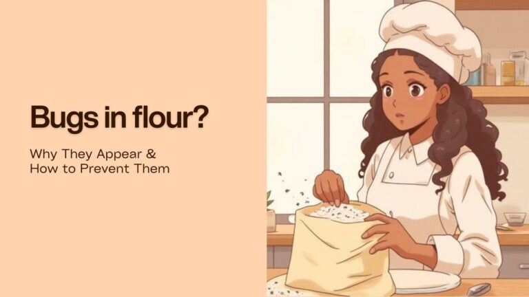Woman baking in a kitchen discovers bugs inside a bag of flour while preparing ingredients.