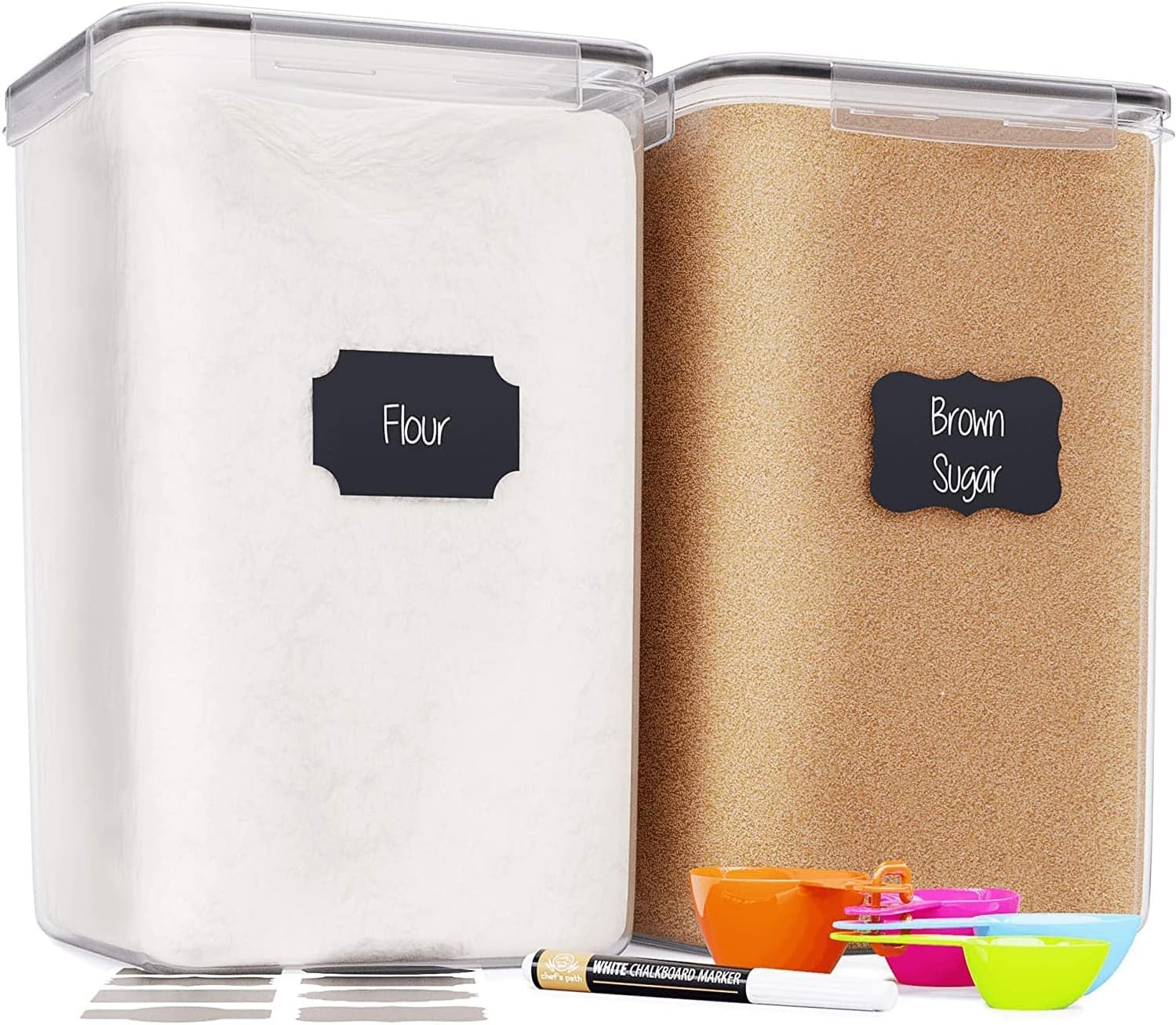 Extra large airtight plastic food storage containers for flour, sugar, rice, and pantry staples with labeled lids.