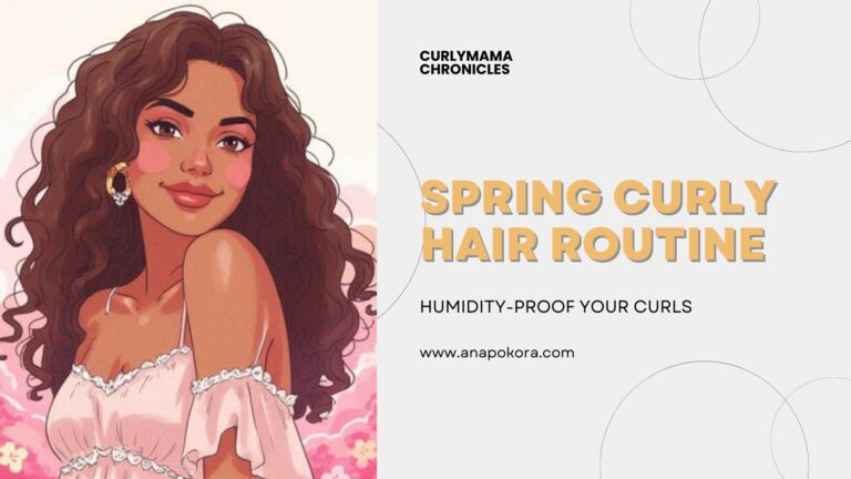 spring curly hair routine featured image with frizz and humidity fix text and curly hair illustration