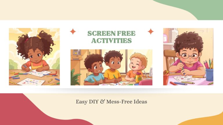 Screen-free activities for kids including DIY crafts, coloring, and mess-free ideas for toddlers at home