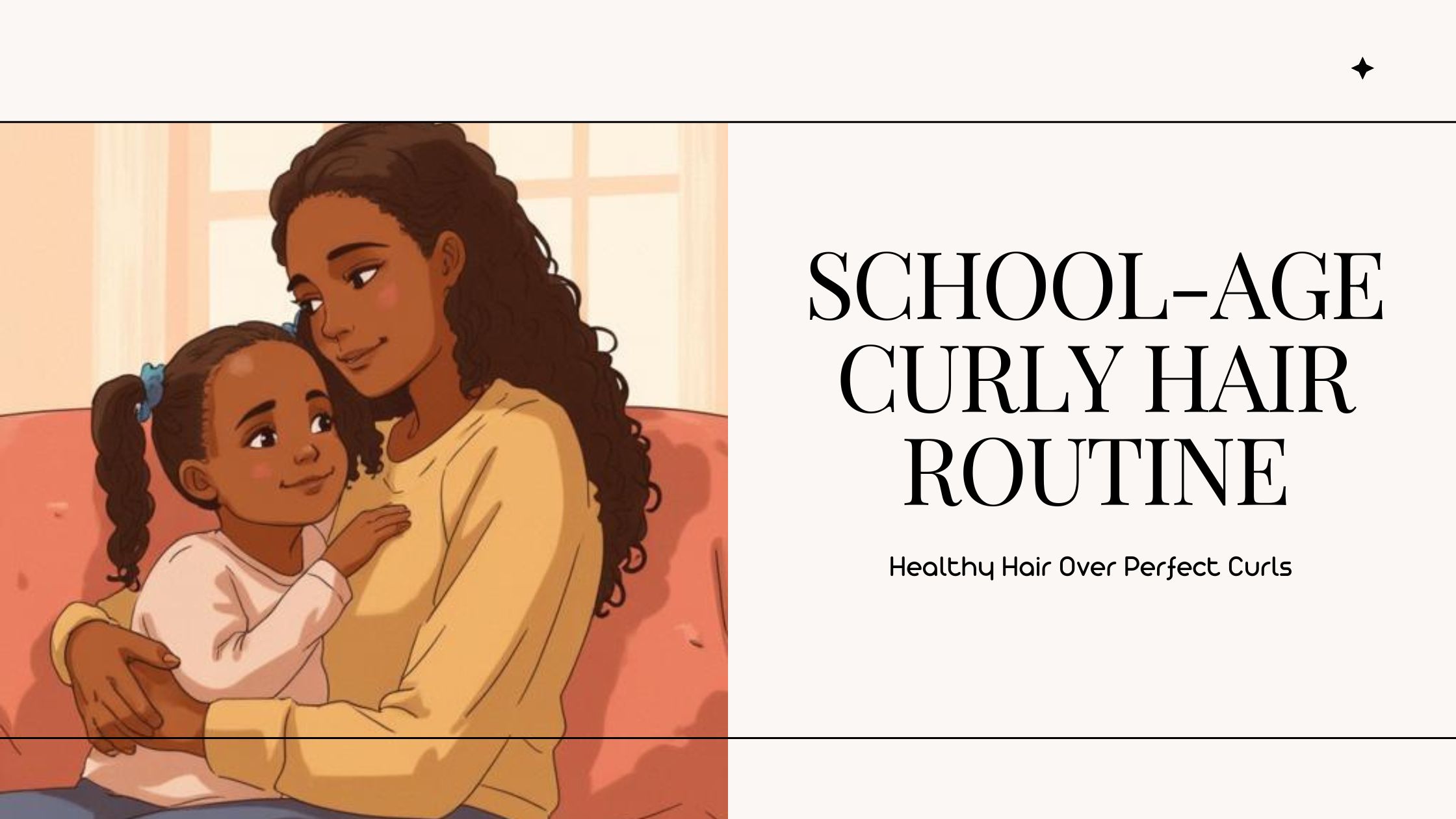 Illustrated brown-skinned mother and daughter sitting together with text reading "School-Age Curly Hair Routine: Healthy Hair Over Perfect Curls."