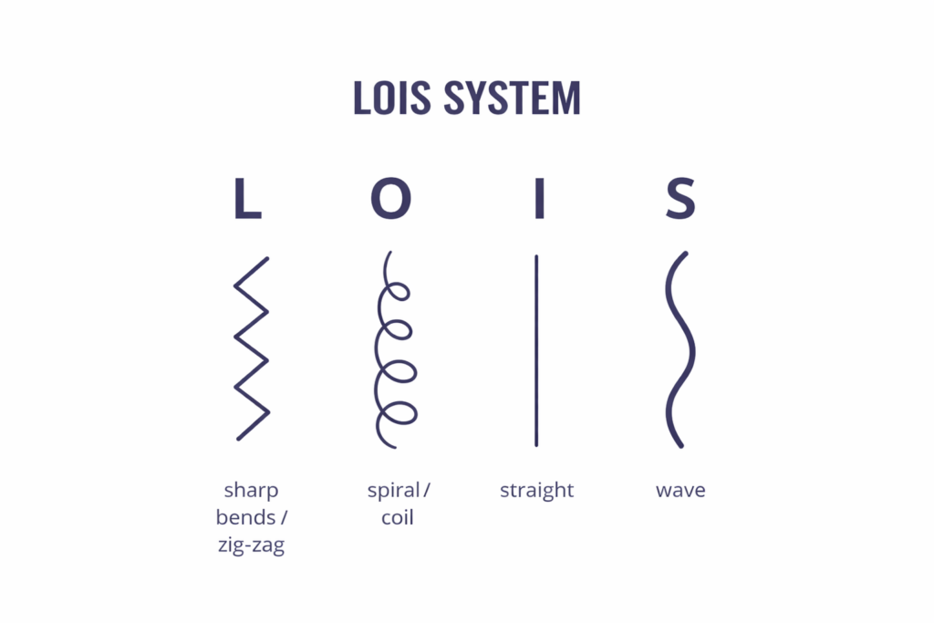 LOIS Hair Typing System diagram showing four curl shape categories: L-shaped bends, O-shaped coils, I-shaped straight strands, and S-shaped waves.
