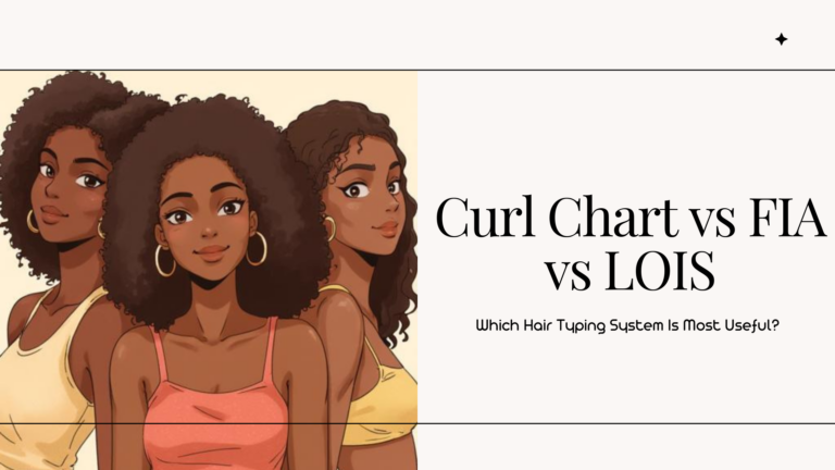 Featured image for a Curl Chart vs FIA vs LOIS comparison guide, showing illustrations of women with curly hair alongside the title of the article.