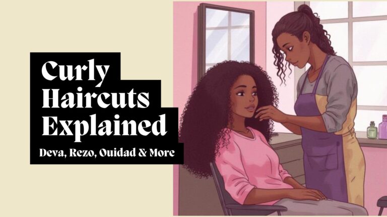 Illustration of a hairstylist performing a curly haircut consultation with a client featuring popular curly haircut methods including the Deva Cut, Rezo Cut, and Ouidad Cut.