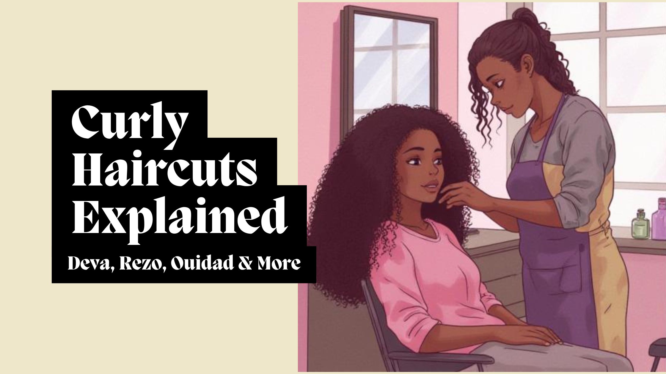 Illustration of a hairstylist performing a curly haircut consultation with a client featuring popular curly haircut methods including the Deva Cut, Rezo Cut, and Ouidad Cut.