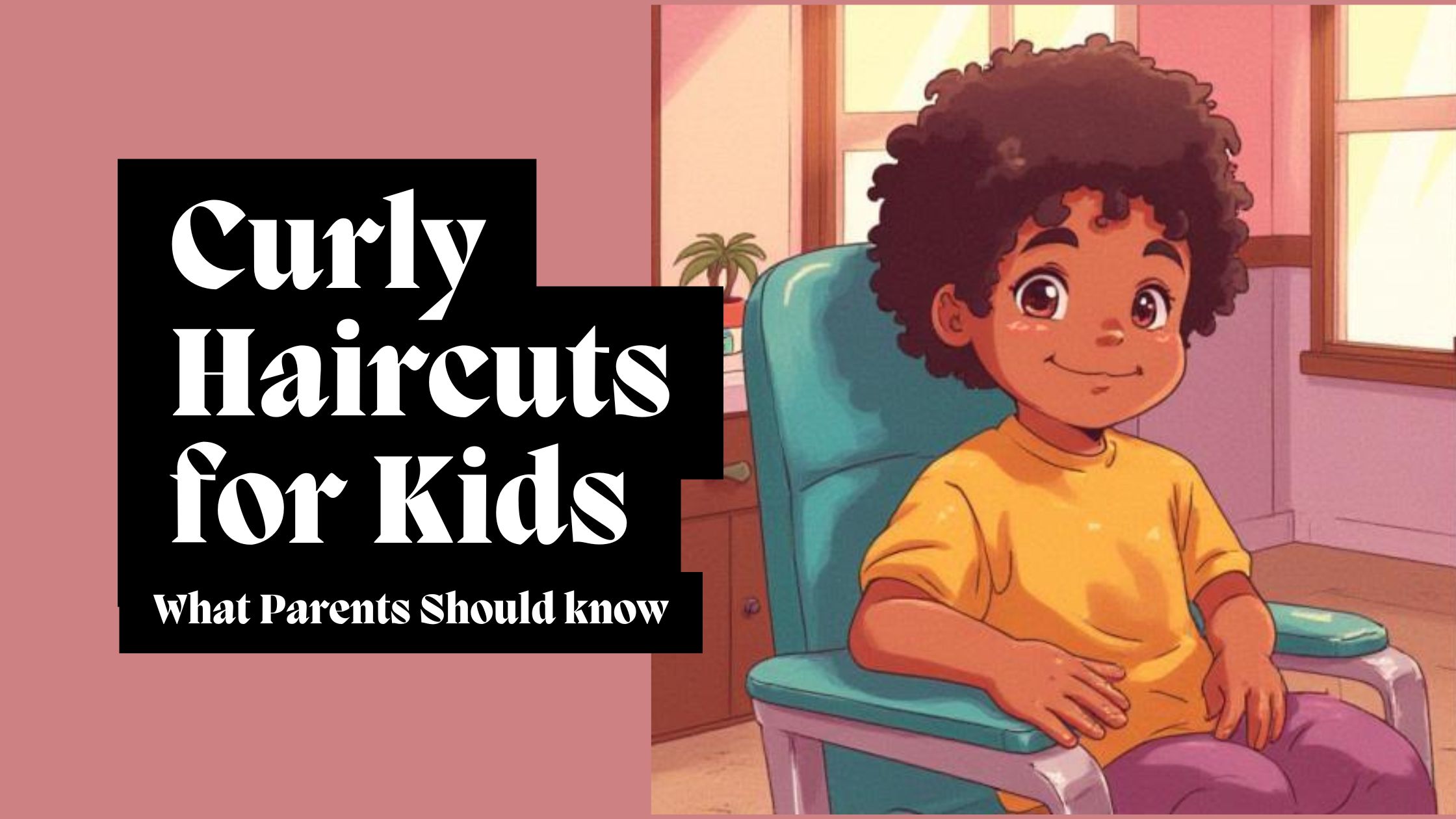 Curly haircuts for kids illustrated with a child sitting in a salon chair before a haircut.